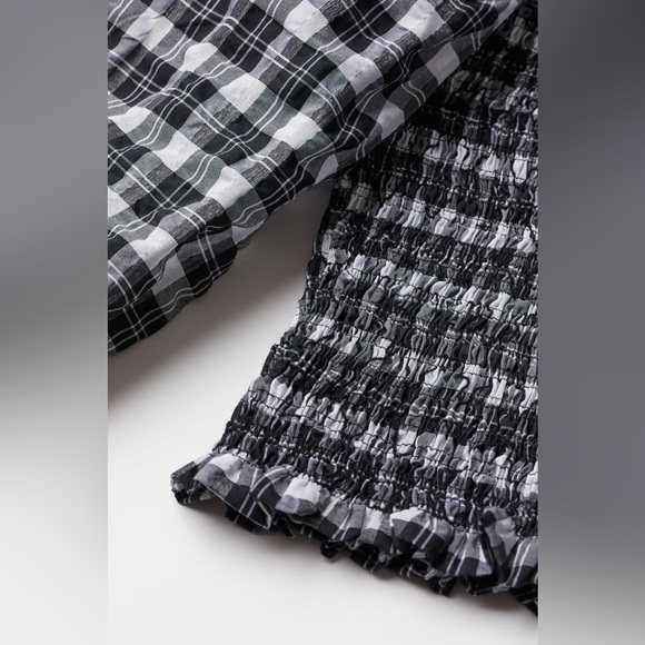 H&M Smocked Blouse Gingham Long Sleeve Crop Top - Picture 5 of 15